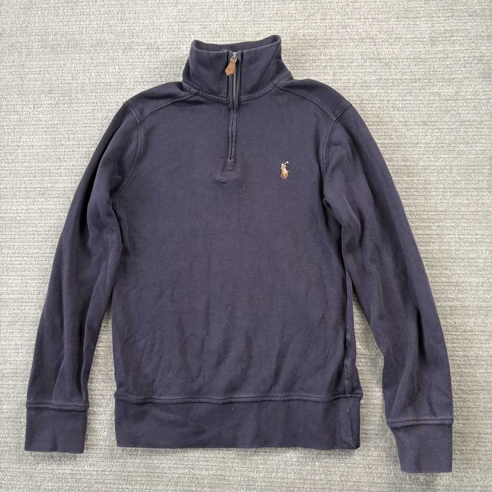 Polo Ralph Lauren‎ Quarter Zip Sweater Kids 8 Boys Navy Blue Flesh Pony Preppy
